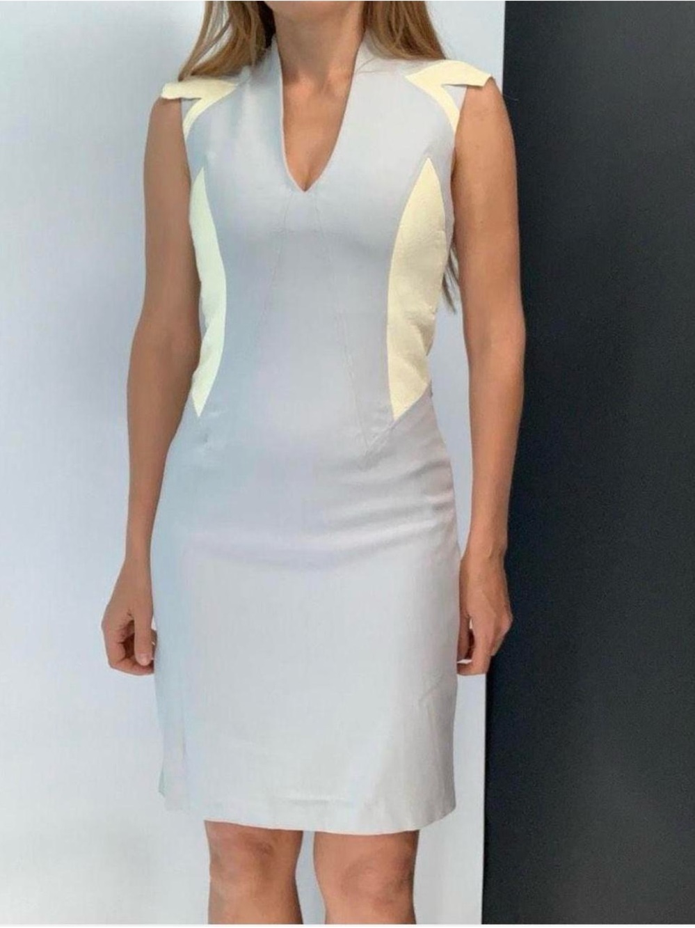 Helmut Lang Light Gray V-Neck Sheath Dress with Cream Panels